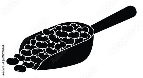 A simple black and white illustration of beans in a scoop