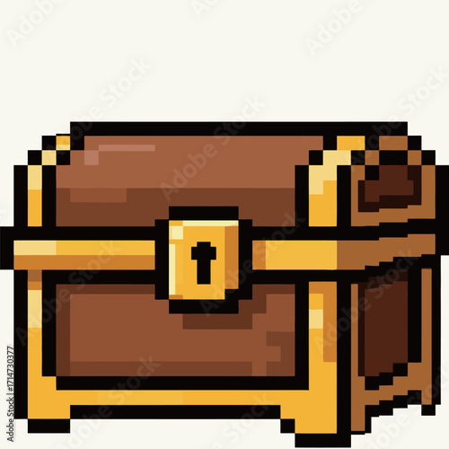 A retro pixelated treasure chest in brown and gold, rendered in a classic 8-bit style, symbolizing wealth, mystery, adventure, and rewards in a nostalgic gaming aesthetic.
