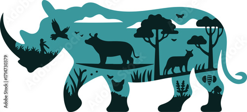 Wildlife conservation illustration with rhinoceros silhouette, lion, deer, bird, tree, person, and forest ecosystem — biodiversity and nature protection design