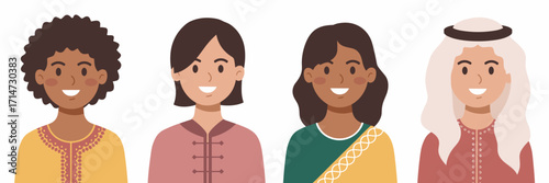 Flat portraits of diverse people with cultural clothing and hairstyles – Ideal for inclusivity promotions, social branding, or lifestyle projects