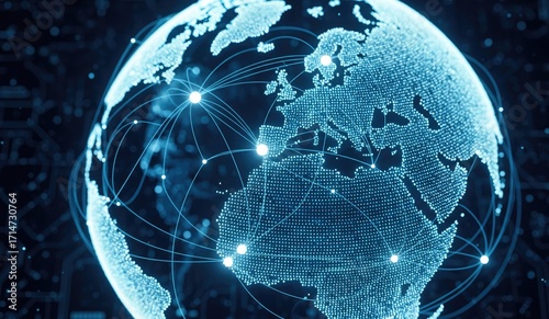 A blue world globe digitally rendered with connecting lines and glowing nodes stands against a dark background with circuitlike patterns