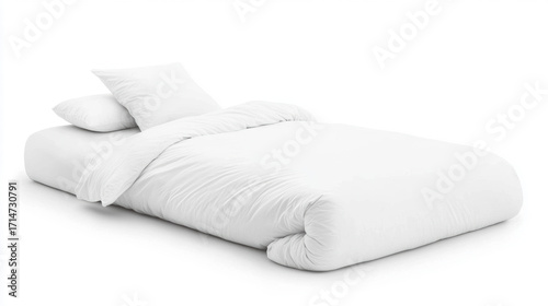Minimal bed setup with white bedding, soft pillow, fluffy comforter, cozy atmosphere, modern style, clean design, and peaceful mood on white background