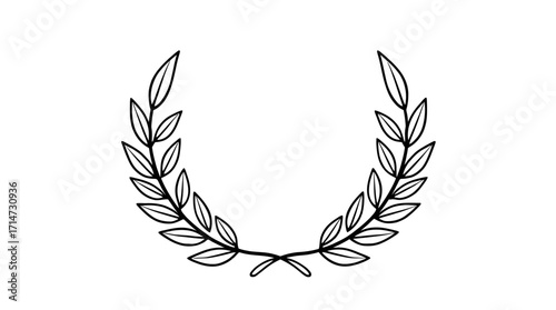 A symmetrical laurel wreath illustration, with detailed leaves and a tied base, presented in black and white.
