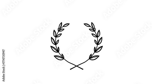 Simple black outline wreath of stylized leaves, symmetrical and elegant design.