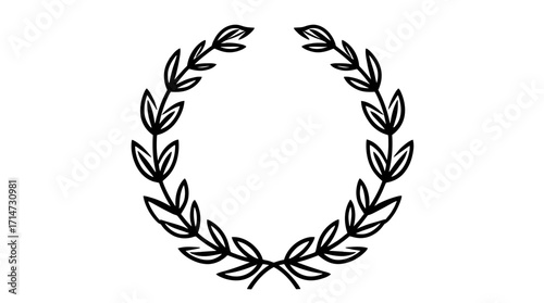 Simple black line drawing of a laurel wreath, circular frame, classic design element.