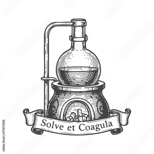 Vintage Alchemy Distillation Flask, Solve et Coagula Emblem Vector