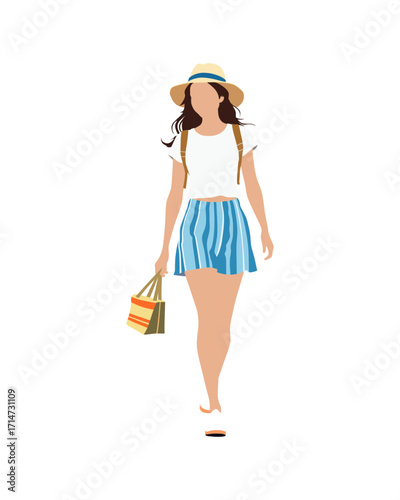 Flat vector people and illustration, woman with casual vacation outfit