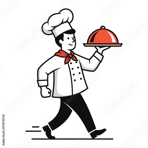 Cartoon chef in white uniform and red bandana carrying red cloche on tray cook