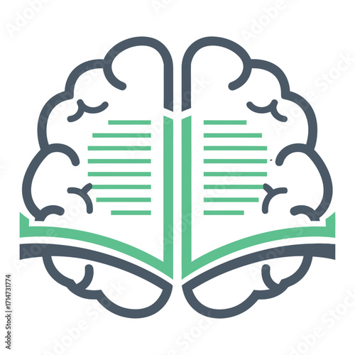 Brain shape formed by open book with green lines and dark grey outline education learning