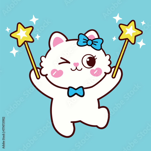 Cute cartoon cat character with a bow, winking while holding two magical star wands. Vector illustration.