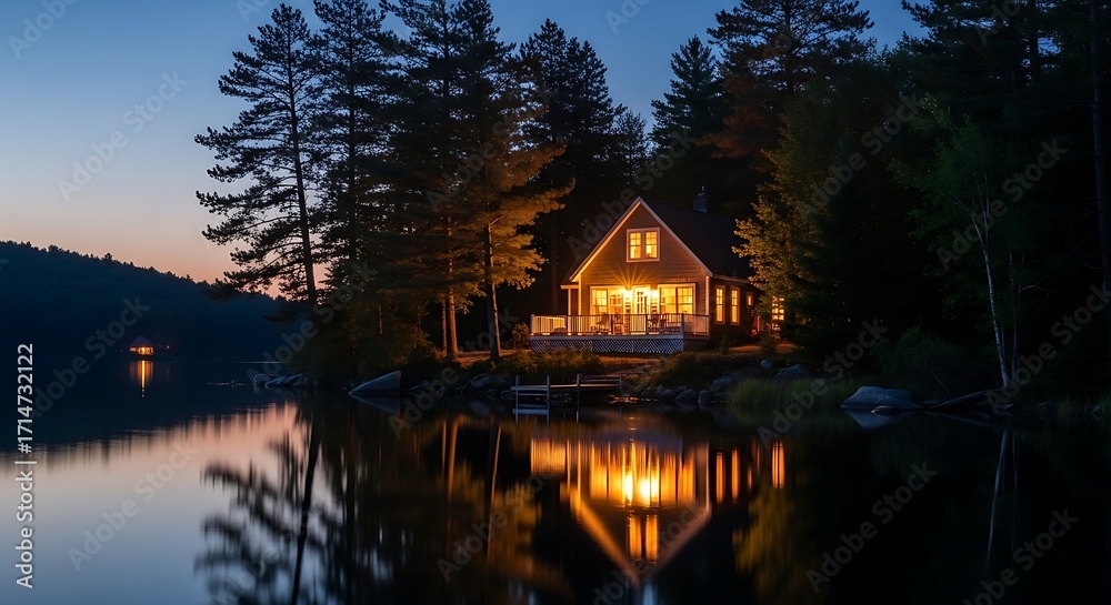 Fototapeta premium Cozy Cabin Lit Up at Dusk Reflecting on a Calm Lake