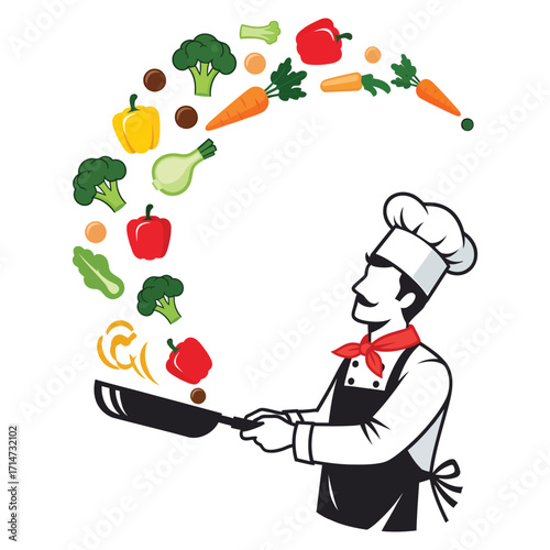 Chef tossing red yellow bell peppers broccoli carrots in frying pan cooking food