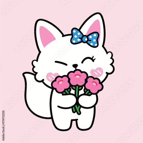 Adorable white cartoon fox character with a polka dot bow, smiling with eyes closed while holding a bouquet of pink flowers.