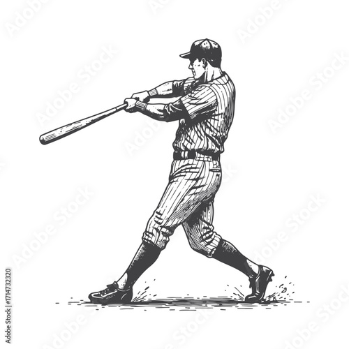 Vintage Engraved Baseball Player Hitting Vector