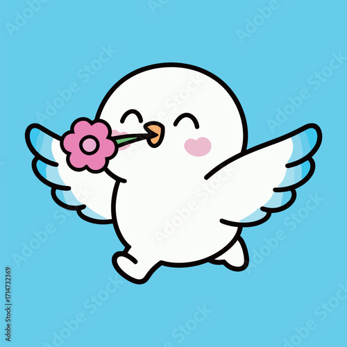 Adorable cartoon white bird character with pink cheeks, happily flying and holding a pink flower in its beak. Vector illustration.