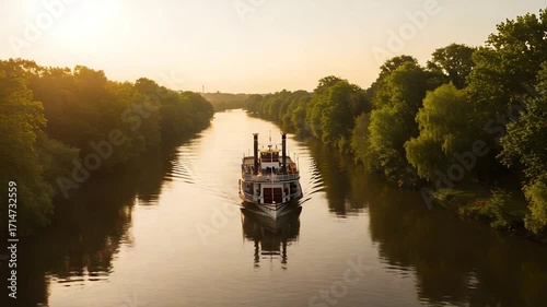 Paddlewheel boat on a wide river at sunset surrounded by trees.