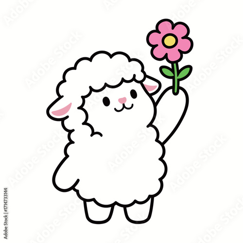 A cute cartoon sheep with white fluffy wool, happily holding up a single pink flower with a green stem, on a white background.