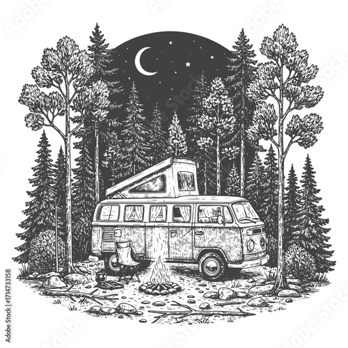 Vintage Camper Van Night Camping in Forest Vector Illustration
