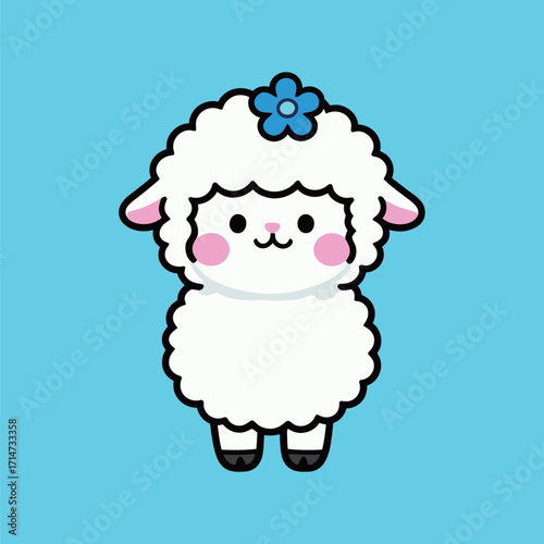 A cute cartoon sheep with a soft, fluffy white coat and a little blue flower on its head, standing on a light blue background.