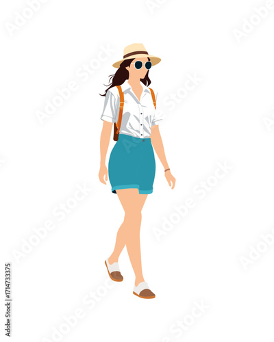 Flat vector people and illustration, woman with casual vacation outfit
