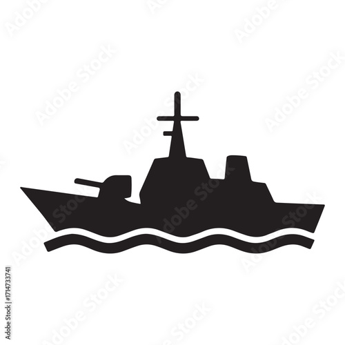 Vector art of silhouette of a warship sailing on the sea