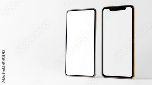 Modern smartphone and tablet with blank white screens, gold frame, minimal design, isolated on white background, suitable for app or website mockup, clean and elegant technology concept
