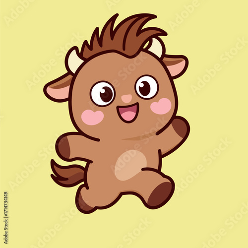 A cute cartoon brown bull or cow with a happy and energetic expression, running and waving, on a vibrant yellow background.