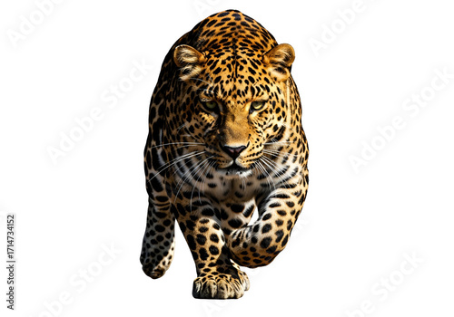 A striking leopard, intensely focused, strides against a stark black backdrop, showcasing its intricate spotted coat and alert gaze.