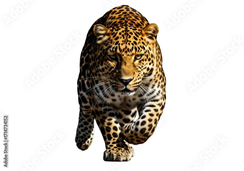 Fototapeta A striking leopard, intensely focused, strides against a stark black backdrop, showcasing its intricate spotted coat and alert gaze.