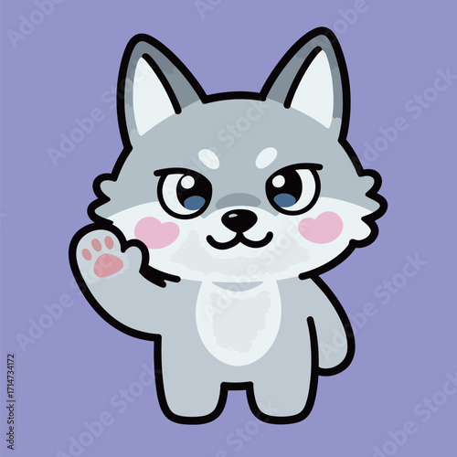 A cute cartoon gray wolf with blue eyes and pink cheeks, standing and waving with a friendly expression, on a light purple background.