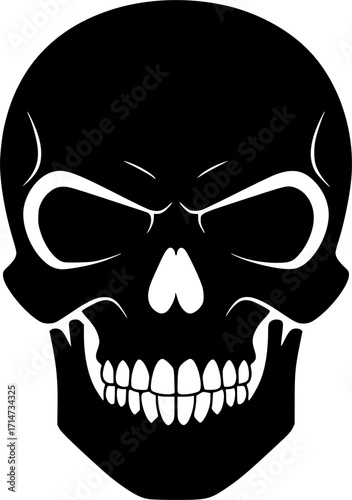 a black skull with white teeth and eye sockets, simple vector illustration