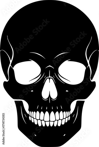 a black skull with white teeth and eye sockets, simple vector illustration