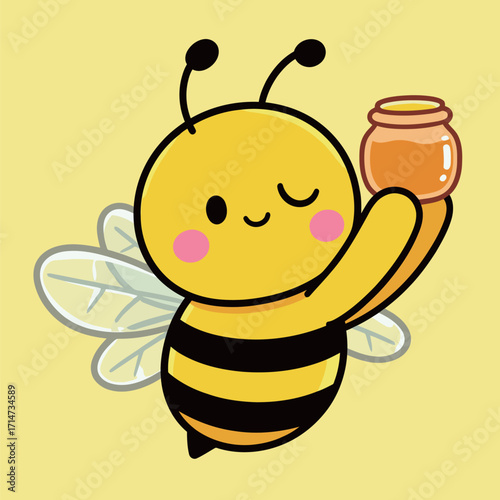 A cute cartoon bee happily winking while holding up a jar filled with delicious, golden honey, on a bright yellow background.