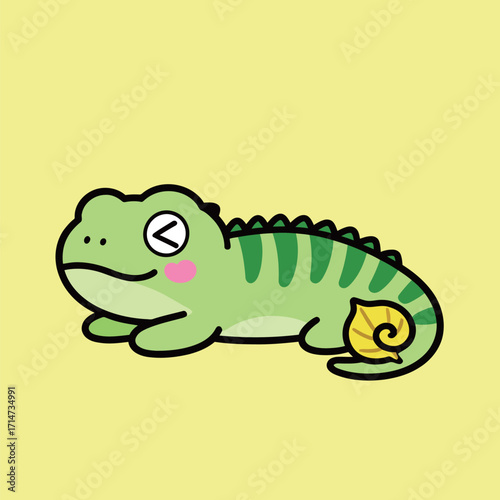 A cute cartoon green chameleon or lizard with a happy wink, holding a yellow snail on its tail, on a vibrant yellow background.