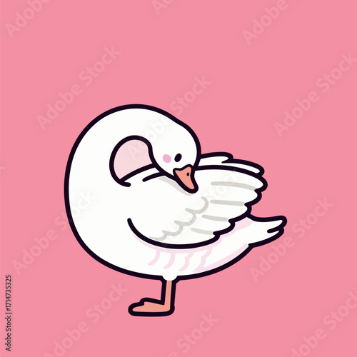 Adorable white goose preening its feathers, standing on one leg with a cute and tranquil expression, in a charming cartoon vector illustration on a pink background.