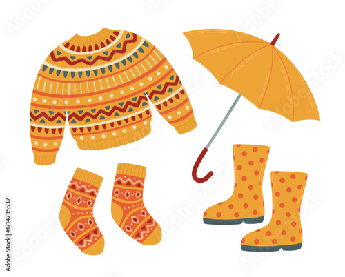 Autumn apparel set: ornamented sweater, socks, rubber boots and umbrella. Seasonal fashion items. Vector illustrations isolated on white background.