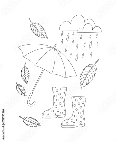 Autumn rainy weather coloring page with umbrella, rubber boots, falling leaves and rainy cloud. Black and white outline vector illustration. Coloring book for children