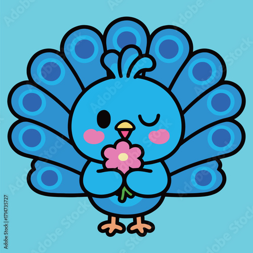 Adorable cartoon blue peacock holding a pink flower, with its tail feathers fanned out in a vibrant and cheerful display, in a cute vector illustration.