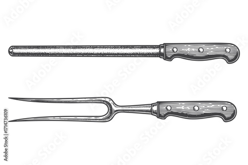 Vintage Carving Set Vector: Meat Fork & Sharpening Knife Steel Tool