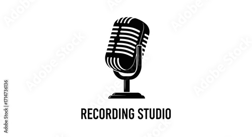 A stylized black and white illustration of a vintage microphone, with the text "Recording Studio" below.