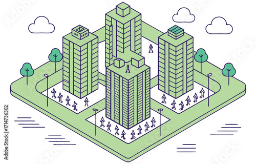 Isometric city block with residential high-rises and green spaces illustration