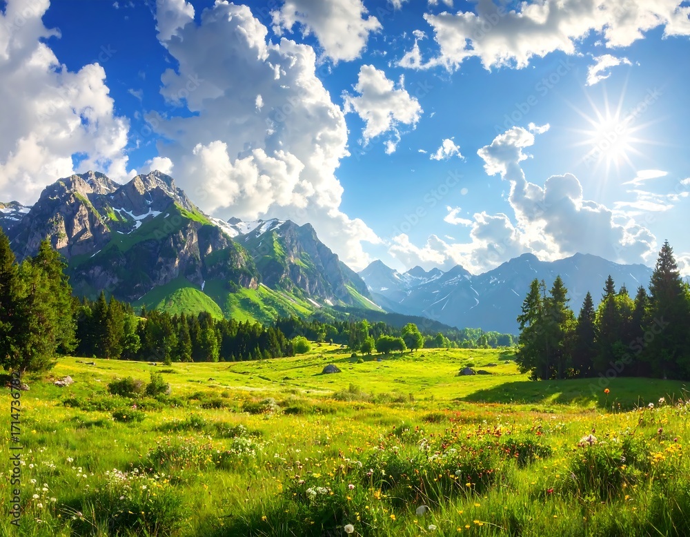 Fototapeta premium A vibrant mountain meadow bathed in sunlight, showcasing lush greenery and towering peaks under a dramatic sky.
