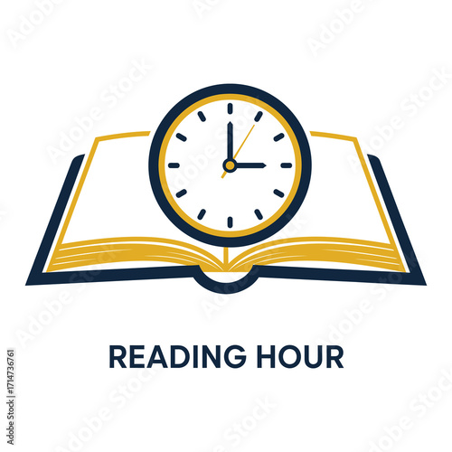 Open book with clock face and text reading hour on white background time