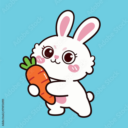 Cute cartoon white bunny with long ears, happily holding a big carrot, in a sweet and cheerful vector illustration on a bright blue background.