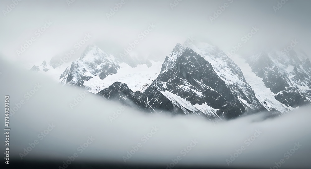 Obraz premium Majestic Snow-Capped Mountains Emerging from Ethereal Fog