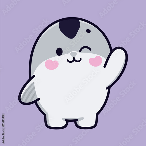 Cute cartoon baby seal winking and waving with a flipper, in a friendly and adorable vector illustration on a light purple background.