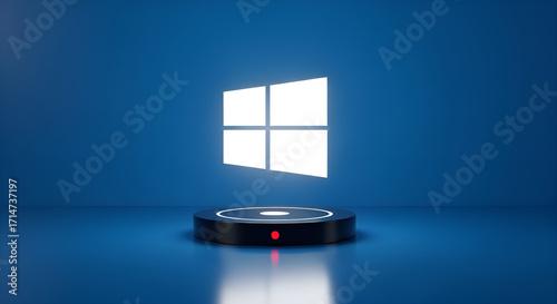 Windows logo on a futuristic platform with blue background, a symbol of modern technology and innovation