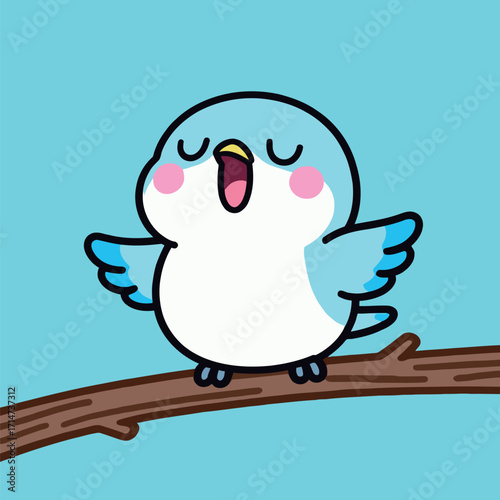 A cute cartoon blue bird with a bright yellow beak perched on a tree branch, singing loudly with its eyes closed, isolated on a light blue background, vector illustration