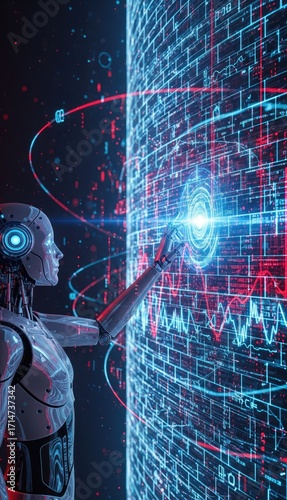 A metallic robot touches a glowing interface surrounded by red and blue tech lines and a gridlike structure