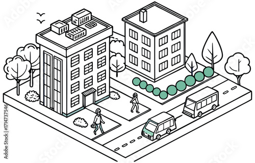 Urban street scene with mixed low and mid-rise buildings illustration